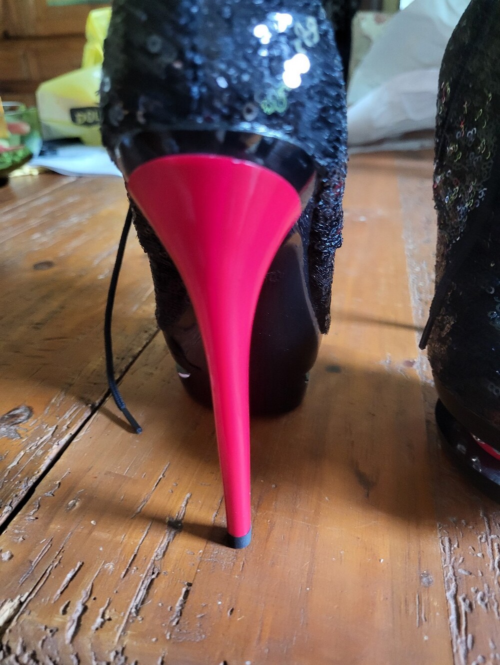 Pleaser Black Sequin Lace-Up Platform Booties with Red Heel - Picture 7 of 11